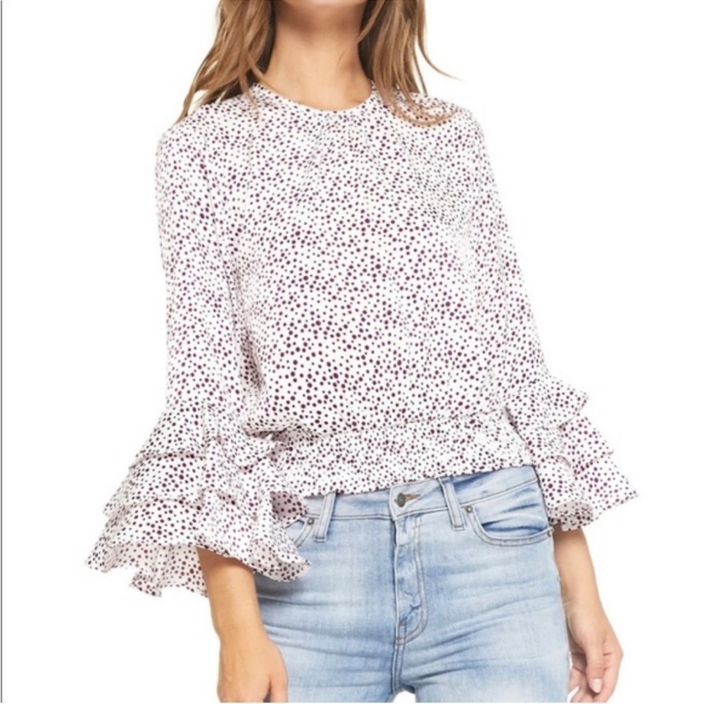 Misa Annabelle‎ Polka Dot Blouse Purple White Ruffle Sleeve Sz S